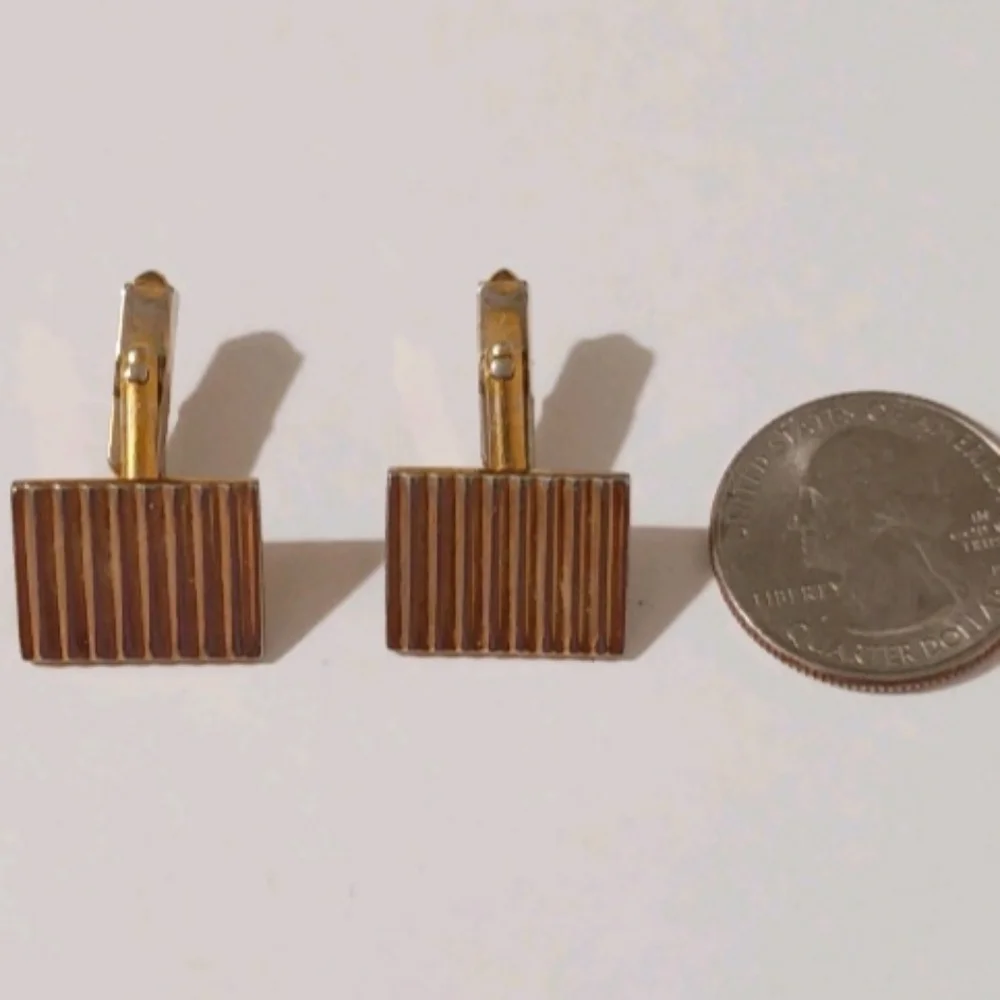 VTG Swank Gold Tone Engine Turned Ribbed Rectangular Cufflinks MCM Retro Formal - Picture 8 of 9